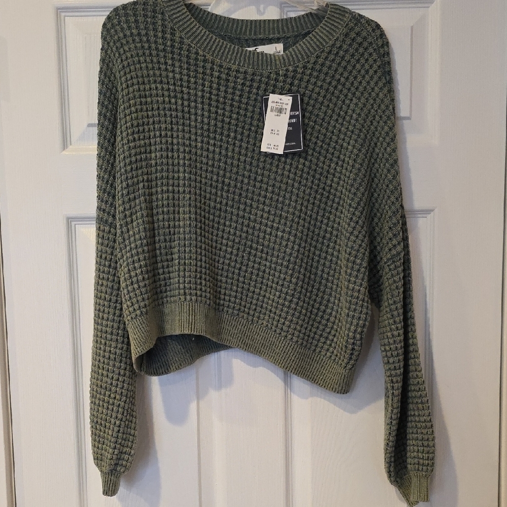 Olive Waffle Knit Crew Neck Sweater Hollister Womens Size Large New